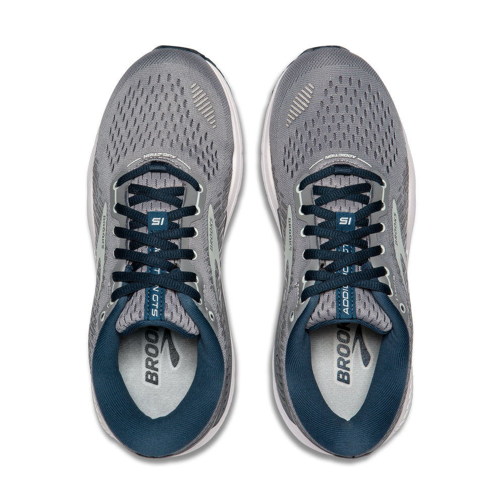 Gray and blue Brooks Addiction Gts 15 – Women's running shoes with 'Brooks' branding on a white background