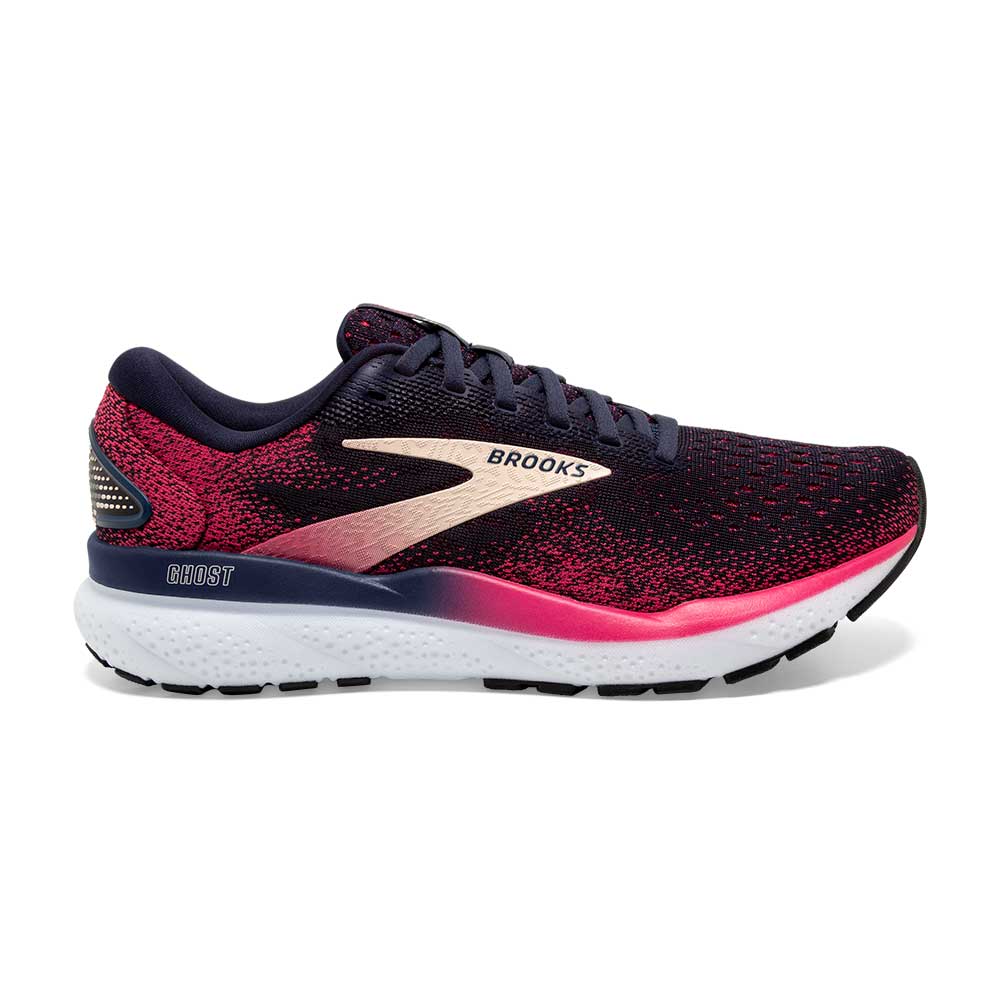 Black and pink Brooks Ghost 16 – Women's running shoe with Brooks logo on a white background