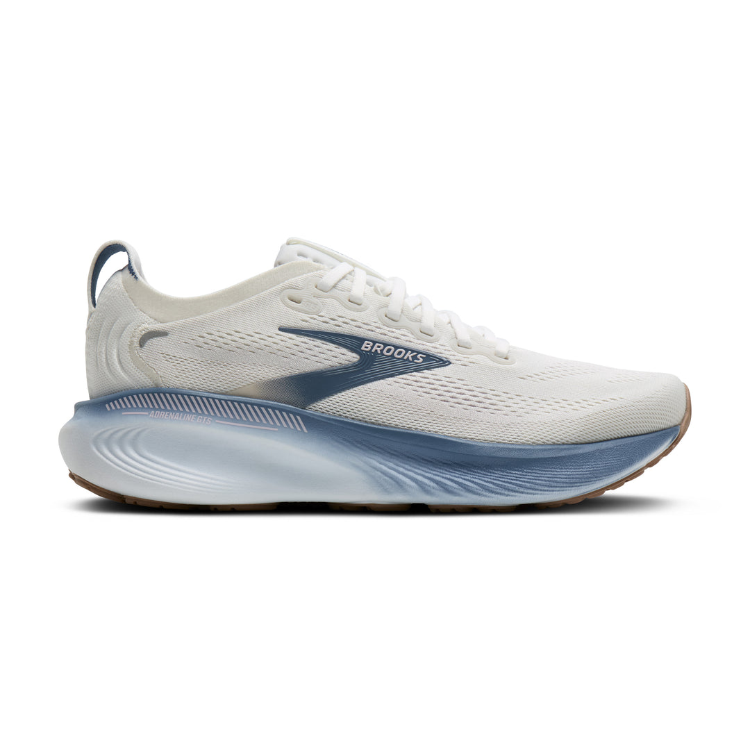White and blue Brooks Adrenaline GTS 25 running shoe with 'Brooks' branding on a white background