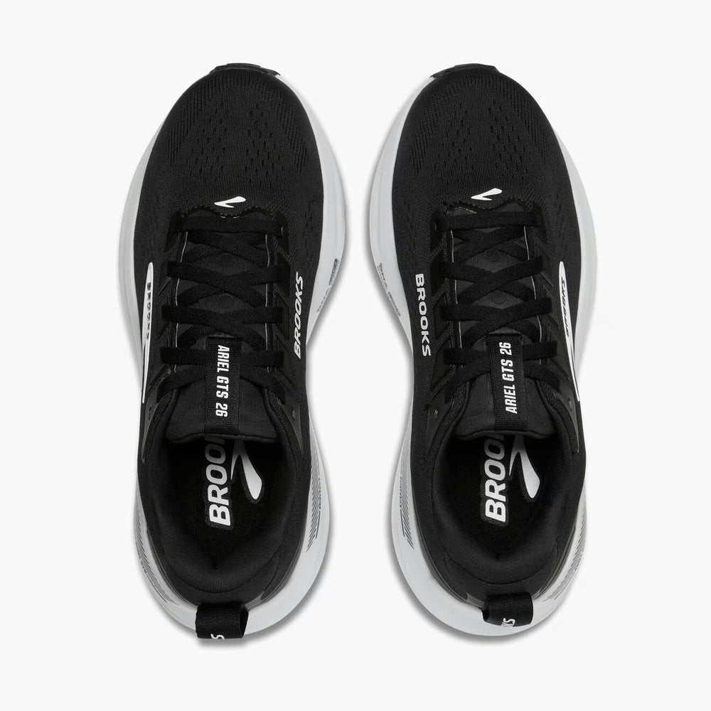 A pair of black and white Brooks Ariel GTS 26 Women's running shoes shown from a top-down view on a light gray background.
