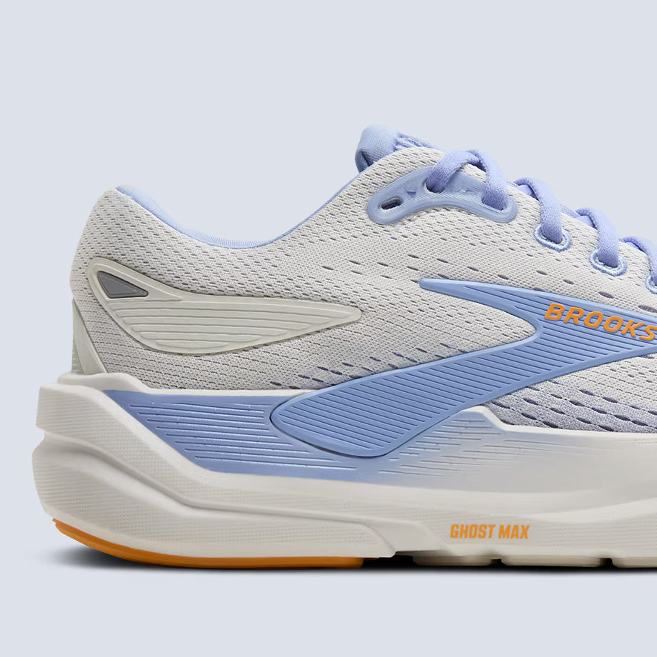 Brooks Ghost Max 3  White and blue running shoe with 'Brooks' branding on a light gray background