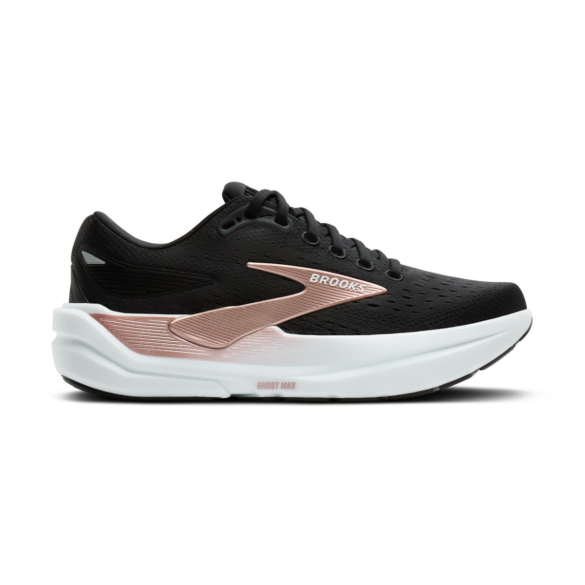Black Brooks Ghost Max 3 – Women's running shoe with white sole on a white background.