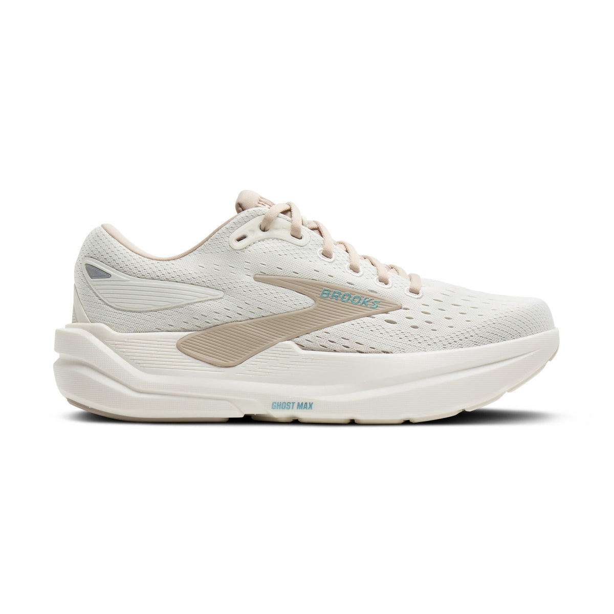 A Brooks Ghost Max 3 – Women's running shoe in off-white and beige with light blue accents, shown in a side profile on a white background.