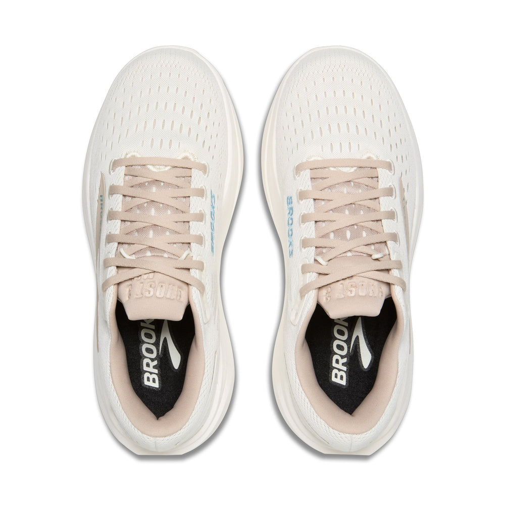 A pair of Brooks Ghost Max 3 – Women's running shoes shown from a top-down view. The shoes feature an off-white mesh upper, beige laces, and a black insole with the white Brooks logo.