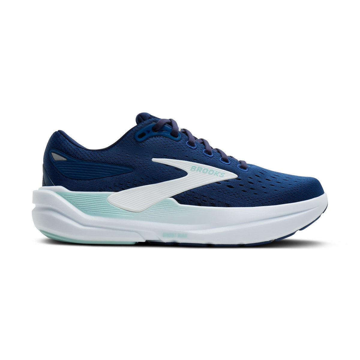 Brooks Ghost Max 3 – Women's running shoe in navy blue with a white and mint green midsole, shown in a side profile on a white background.
