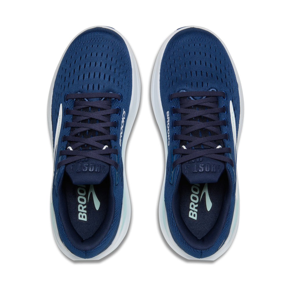 A pair of Brooks Ghost Max 3 – Women's running shoes shown from a top-down view, featuring a navy blue mesh upper, navy laces, a white midsole, and a light green Brooks logo on the tongue and insole.