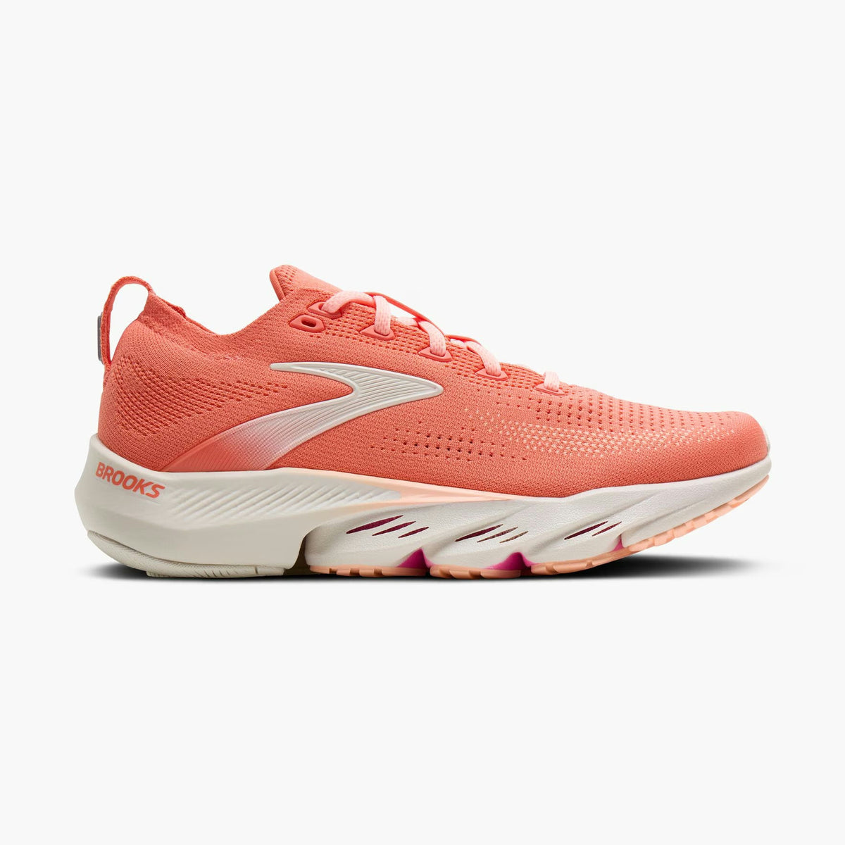 Glycerin Flex Women's running shoe in a coral pink colorway, featuring a breathable mesh upper, a white Brooks logo on the side, and a thick white midsole with pink accents.