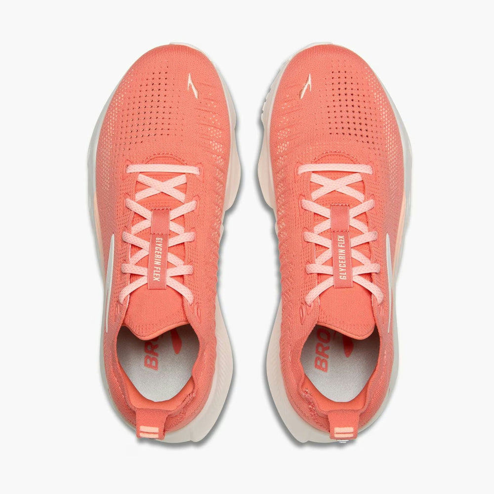 A pair of coral pink Brooks Glycerin Flex Women's running shoes shown from a top-down view on a light gray background.