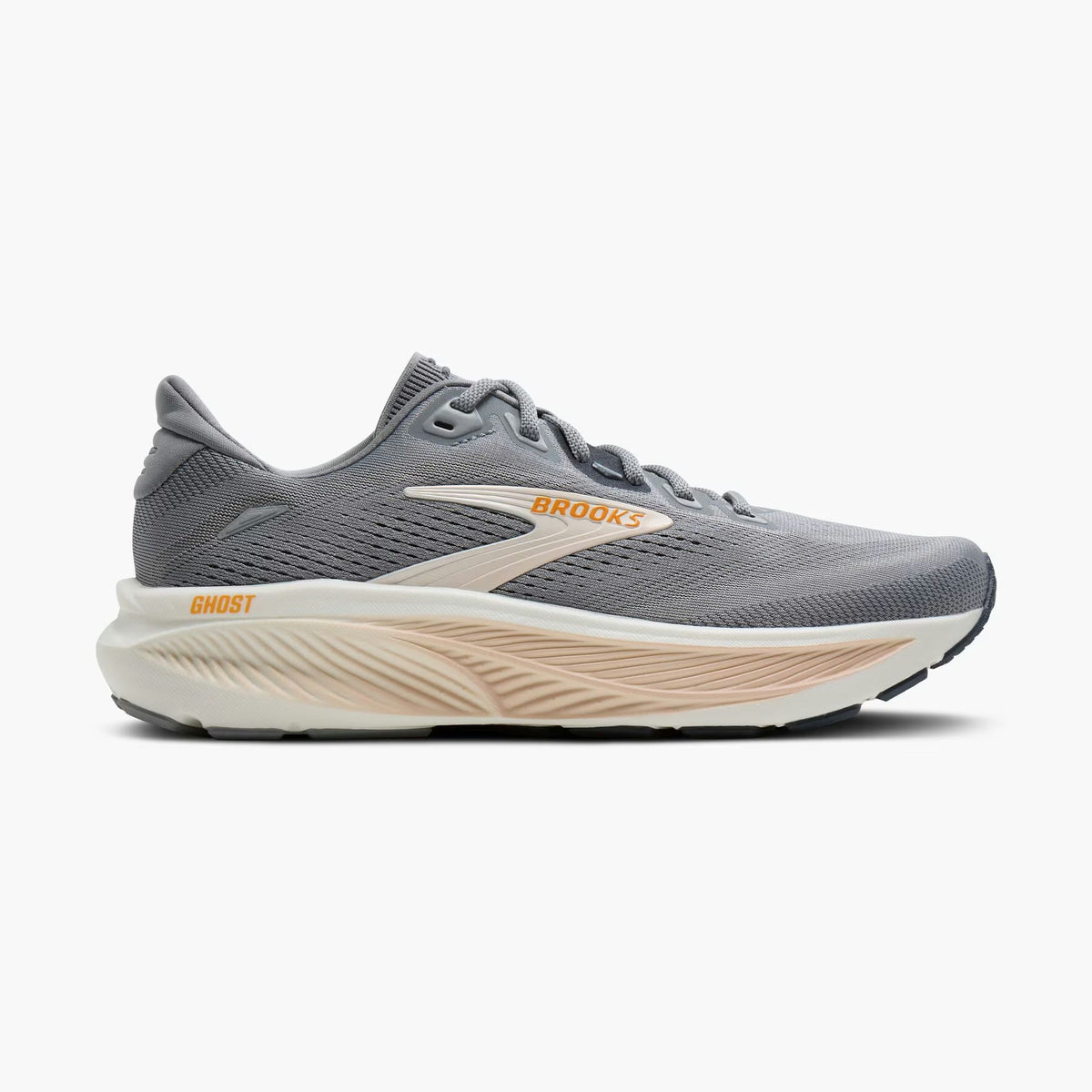 A Brooks Ghost 18 – Women's running shoe in gray and white with orange branding, shown from a side profile on a light gray background.