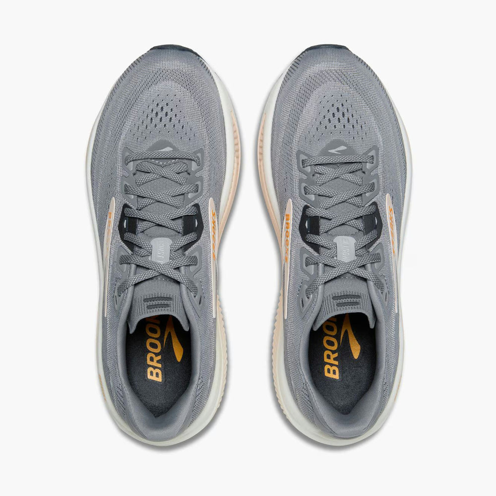 A pair of Brooks Ghost 18 – Women's running shoes in gray and white with yellow accents, shown from a top-down view on a light gray background.
