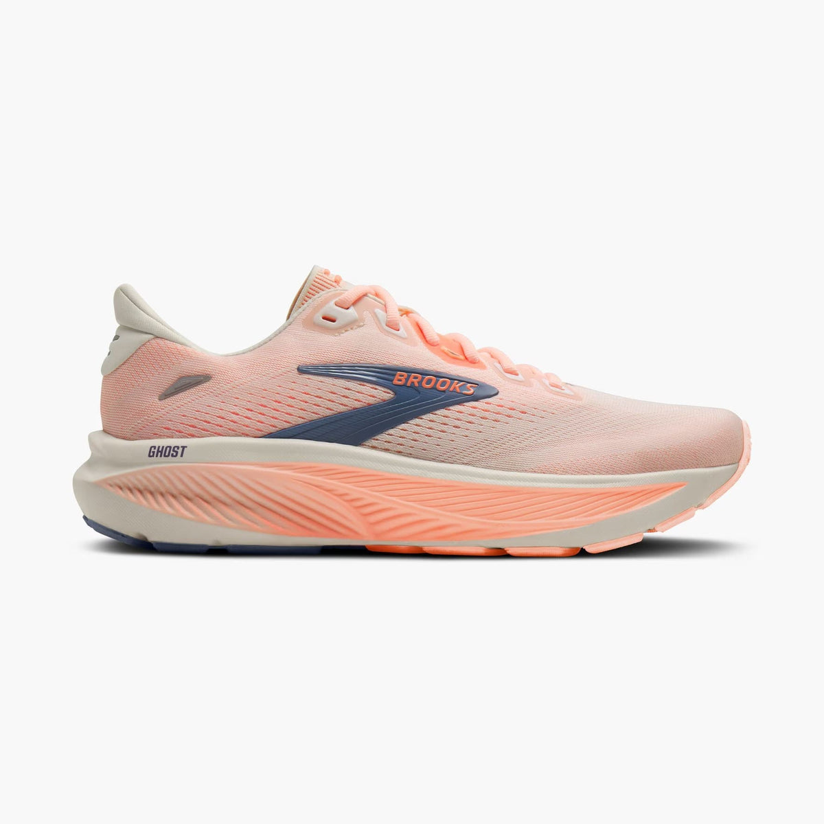 Brooks Ghost 18 – Women's running shoe in a light peach-pink and coral colorway with a grey Brooks logo on the side, shown in a side profile against a light gray background.