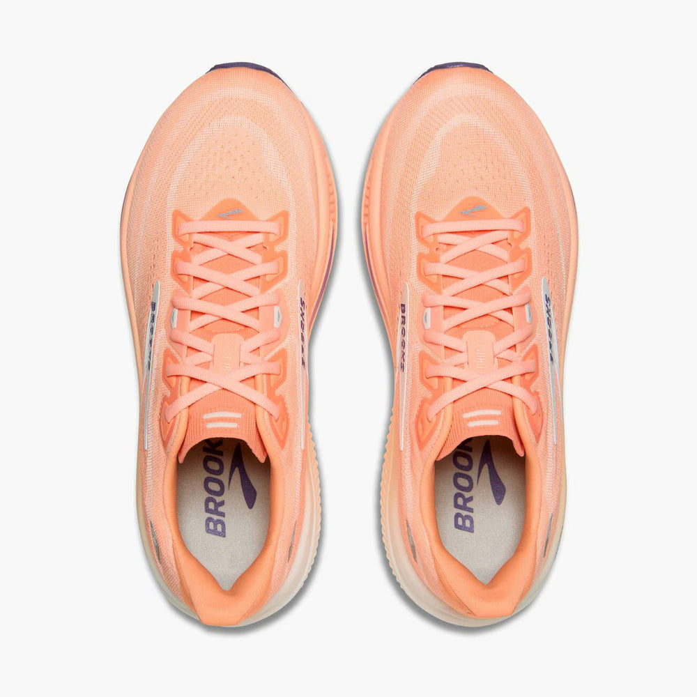 A pair of Brooks Ghost 18 – Women's running shoes in a vibrant peach-orange color, shown from a top-down view on a clean white background.