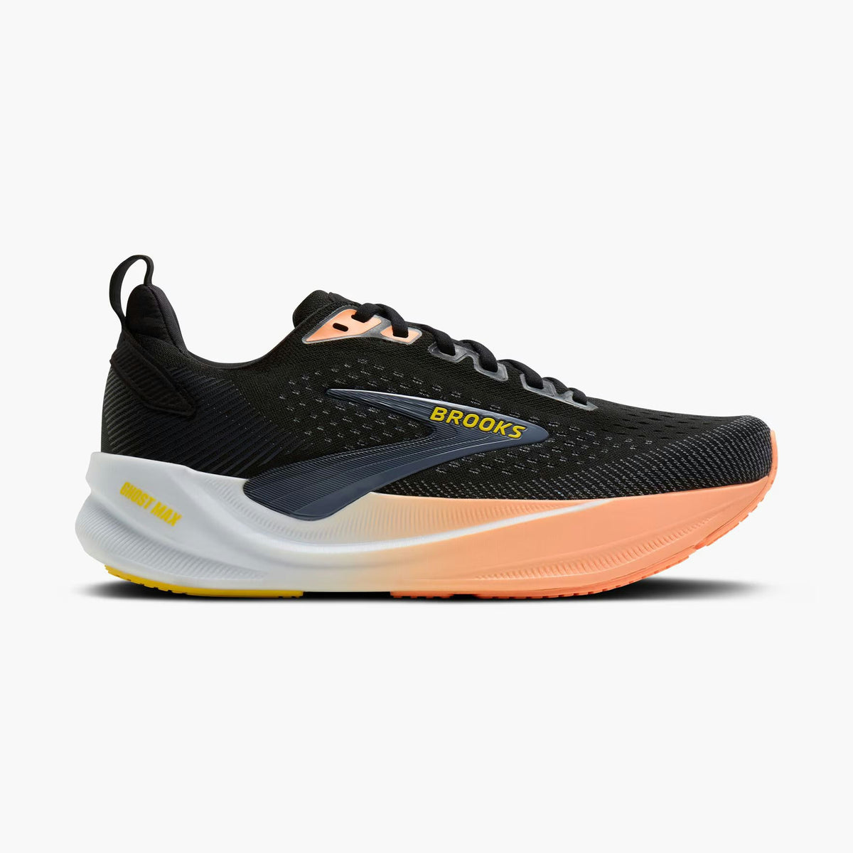 Brooks Ghost Max 4 womens running shoe in black with a white and peach midsole, yellow accents, and a dark gray logo, shown against a plain white background.