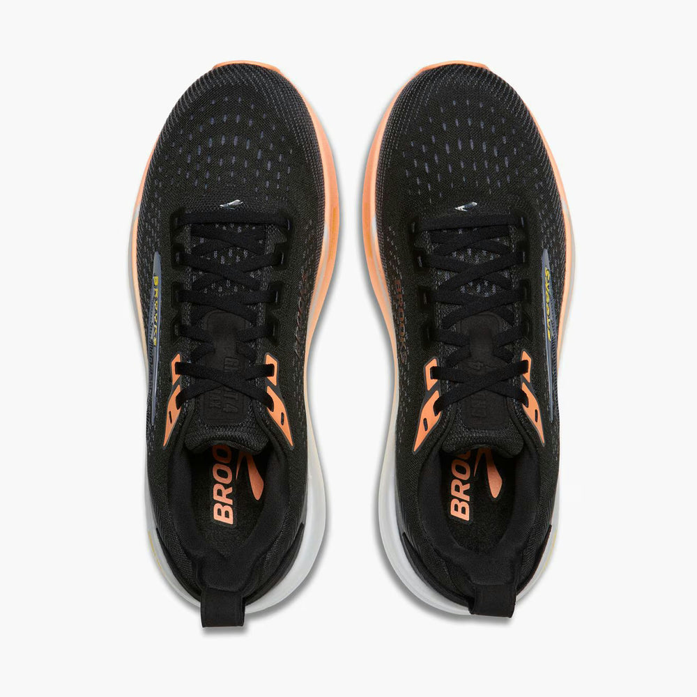 A pair of Brooks Ghost Max 4 womens running shoes shown from a top-down view, featuring a black mesh upper with vibrant orange accents and a white midsole.