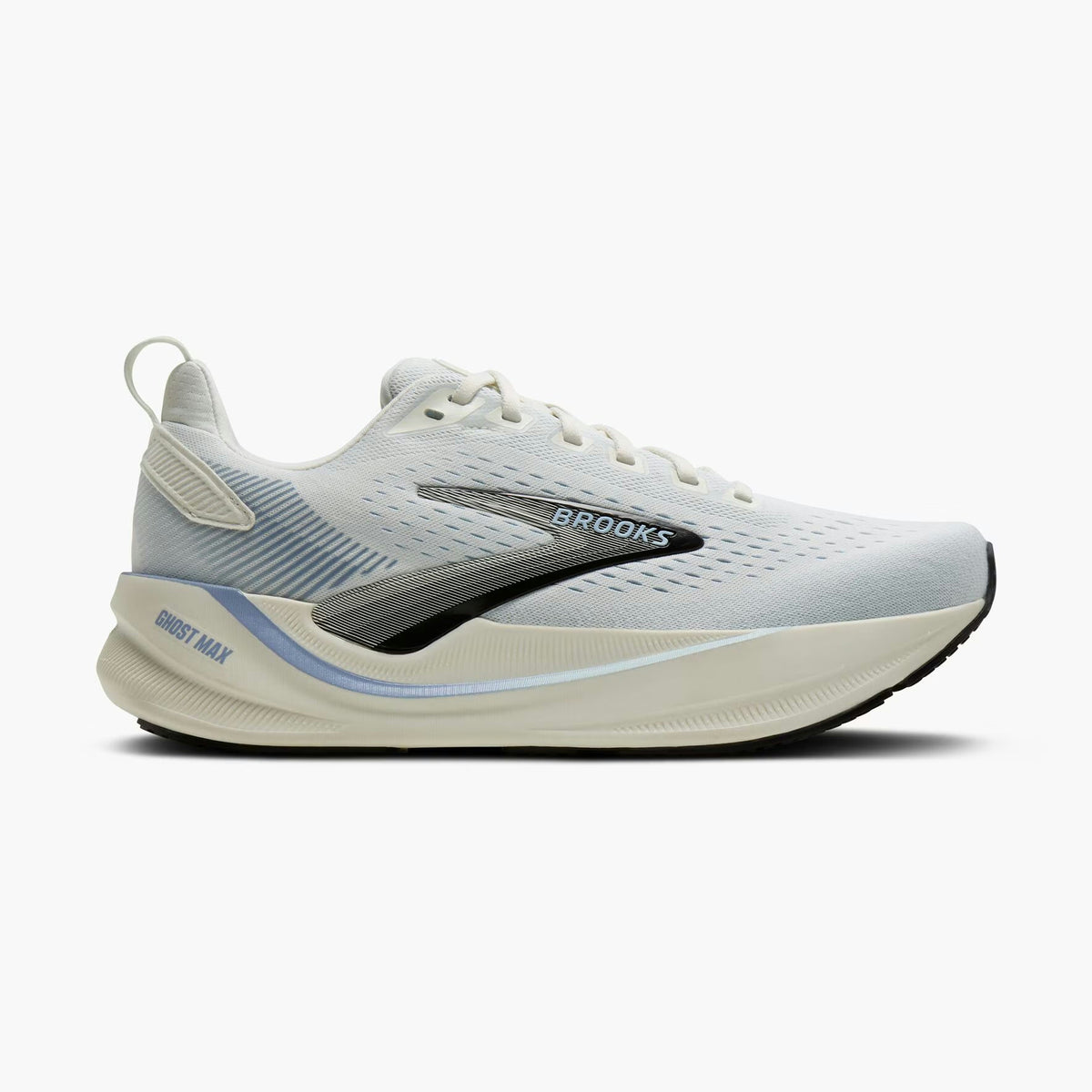 Brooks Ghost Max 4 womens running shoe in white and light gray with a black logo and blue accents, shown from the side on a light gray background.