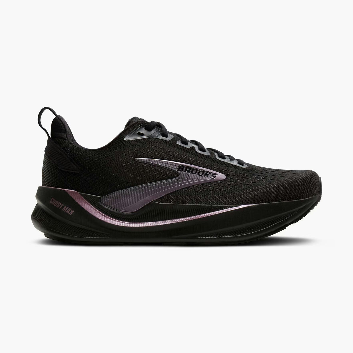 Brooks Ghost Max 4 womens running shoe in black with a metallic purple and silver side logo, shown in a side profile on a light gray background.