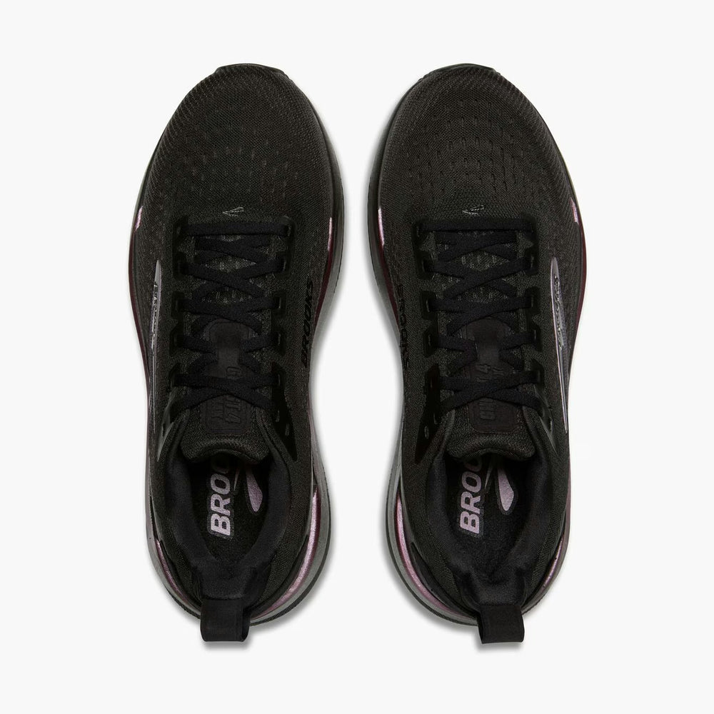 A pair of black Brooks Ghost Max 4 womens running shoes shown from a top-down view against a light gray background.