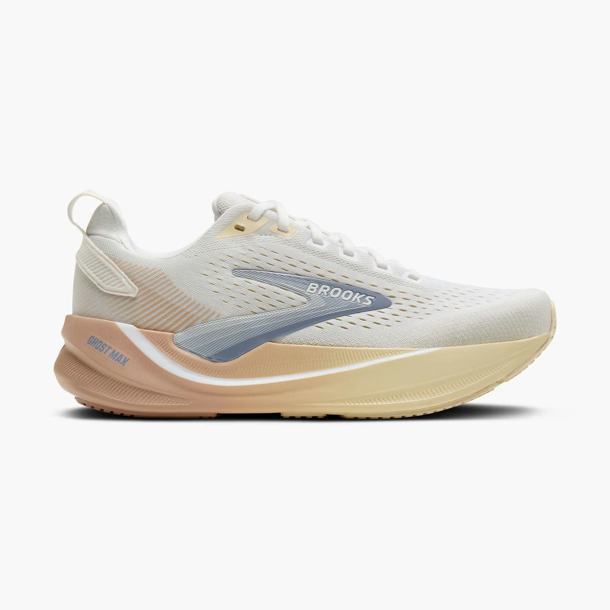 Brooks Ghost Max 4 womens running shoe in a light cream and beige colorway with a muted blue-gray Brooks logo and a peach-tan midsole, shown from a side profile on a light gray background.