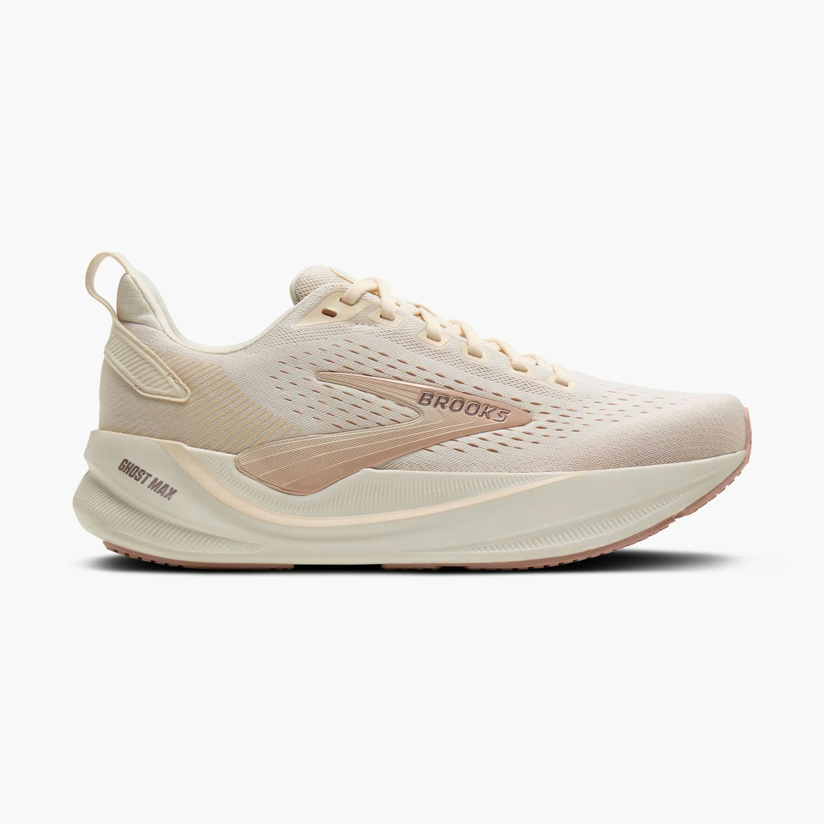 A Brooks Ghost Max 4 womens running shoe in a light cream and beige colorway, shown from the side against a light gray background.