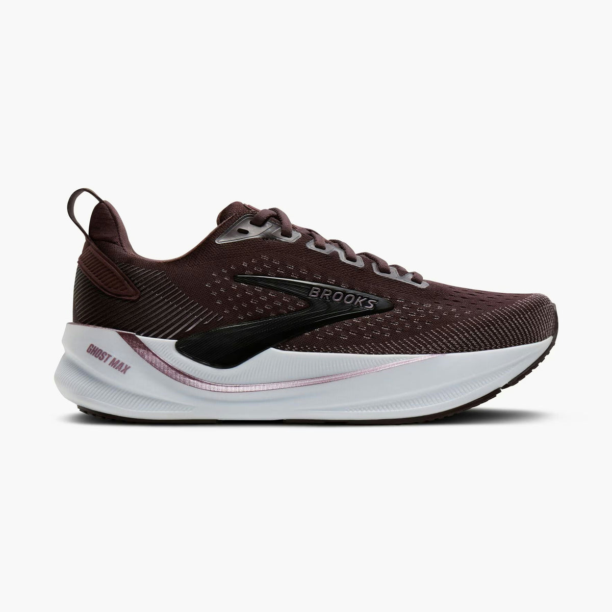 Raisin Brooks Ghost Max 4 womens  sneaker with a white sole on a white background.