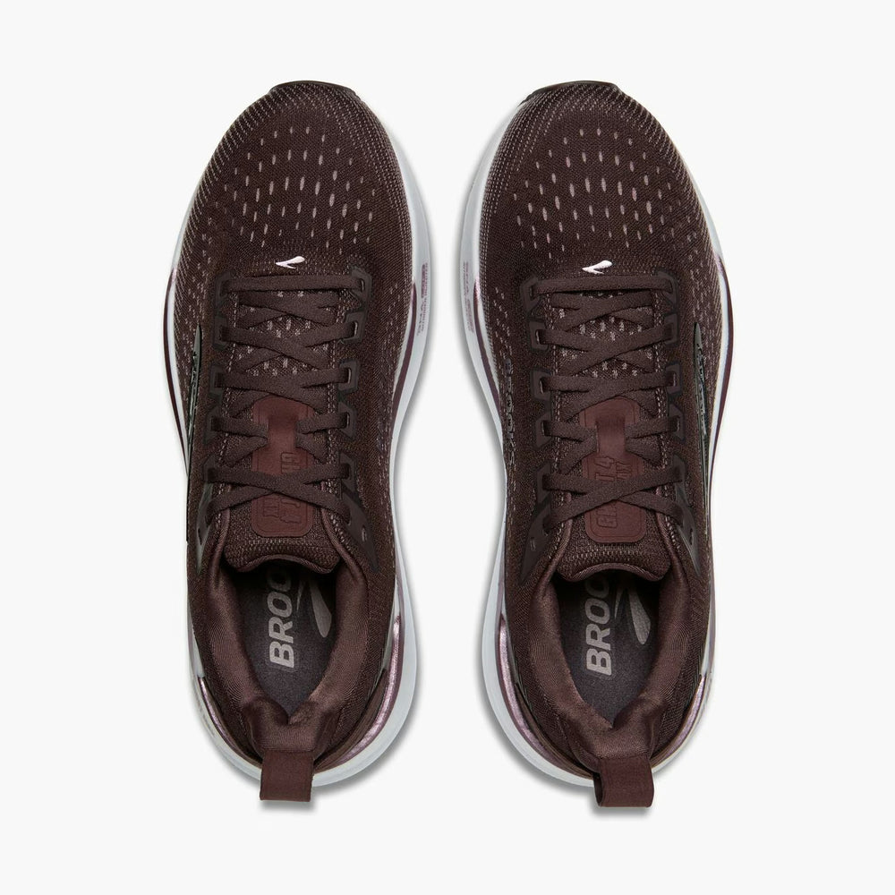 A pair of Brooks Ghost Max 4 womens running shoes in dark brown, viewed from a top-down angle against a light gray background.