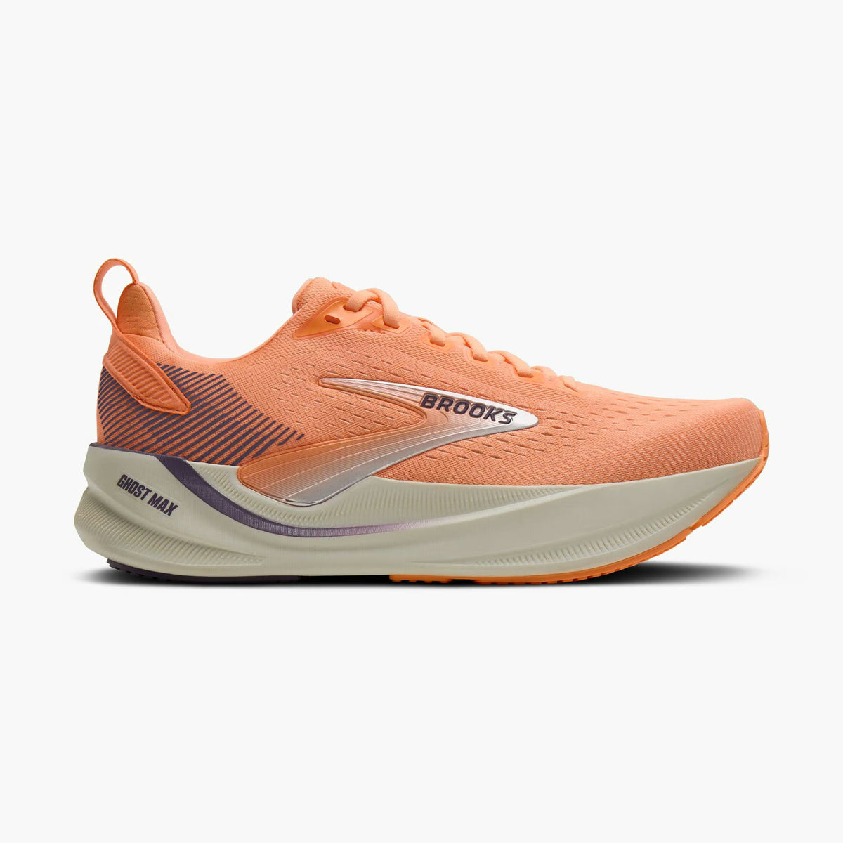 Brooks Ghost Max 4 womens running shoe in a vibrant orange colorway, featuring a textured mesh upper, a thick cream-colored midsole with orange accents, and a white Brooks logo on the side, set against a clean white background.