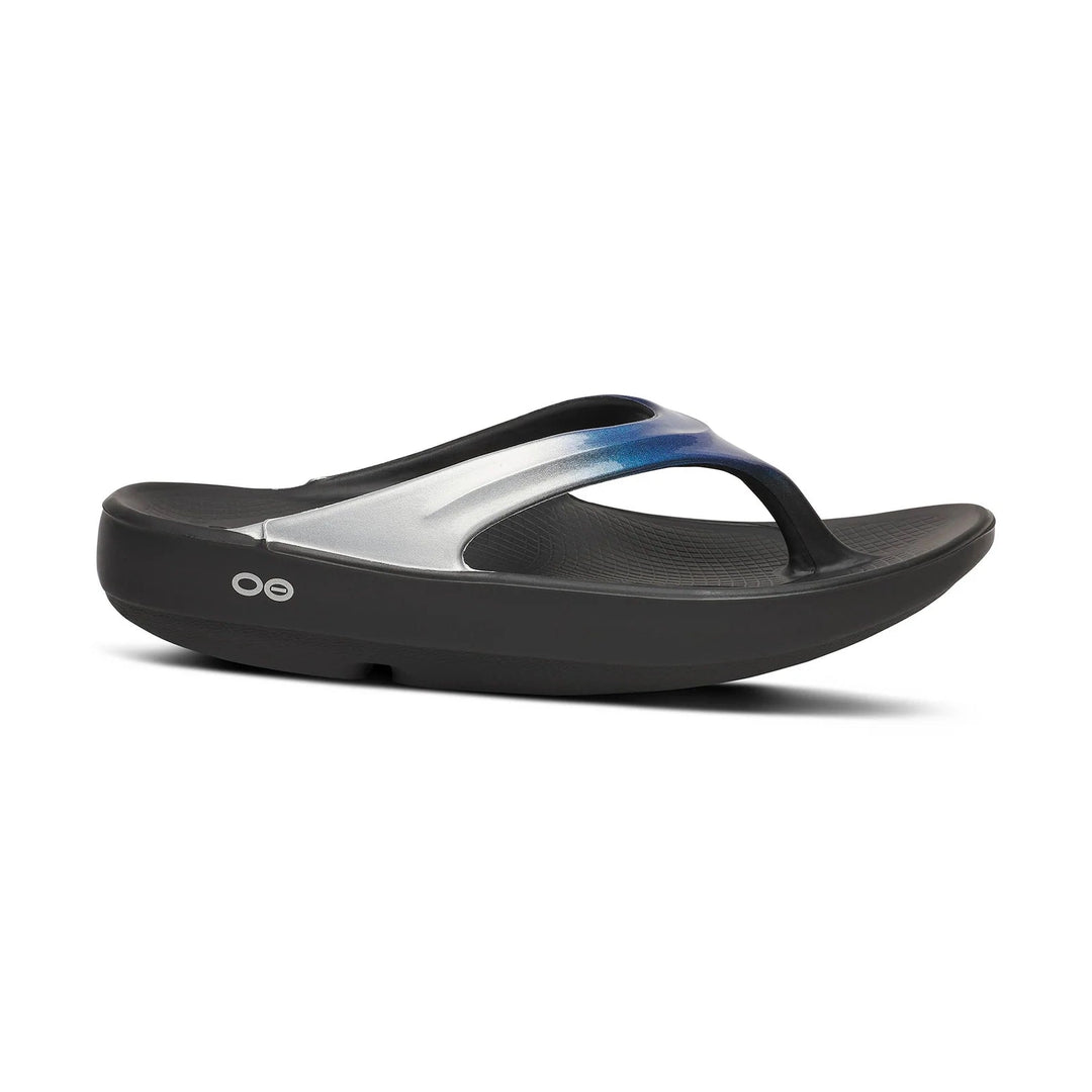 Black sandal with gradient blue and white Oofos OOLALA on a white background