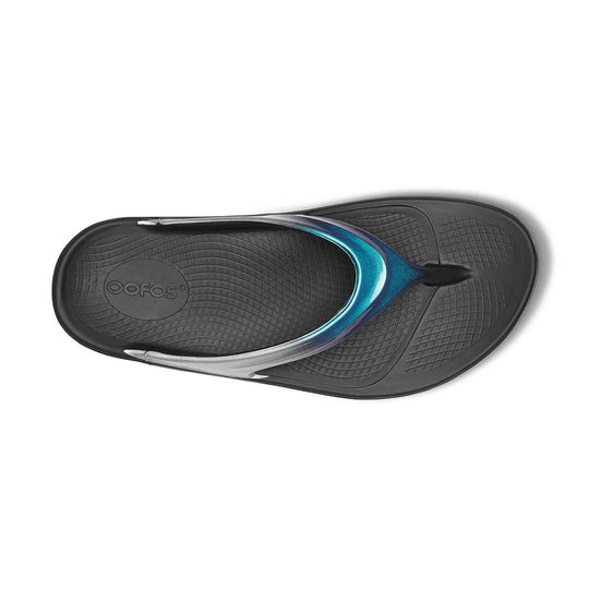 Black and blue sandal with Oofos OOLALA branding on a white background
