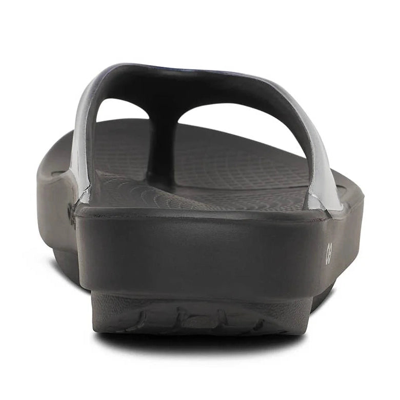 A single black Oofos OOLALA sandal shown from a rear three-quarter view against a plain white background.