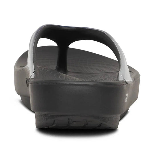 A single black Oofos OOLALA sandal shown from a rear three-quarter view against a plain white background.