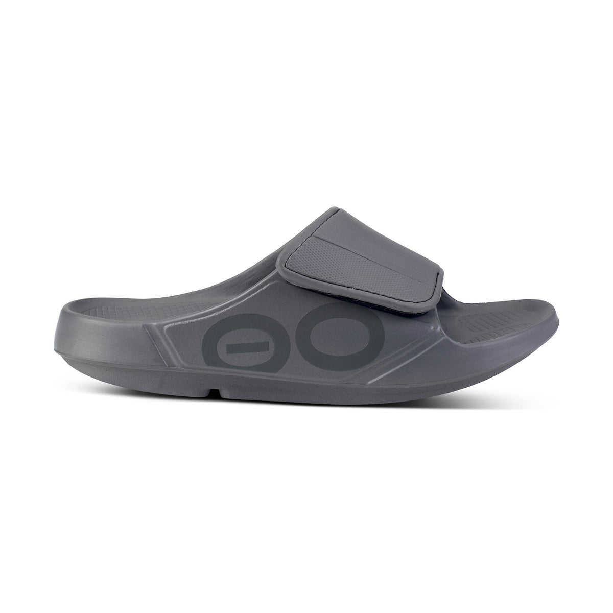 Gray OOfos OOahh Sport Flex sandal with a strap on a white background