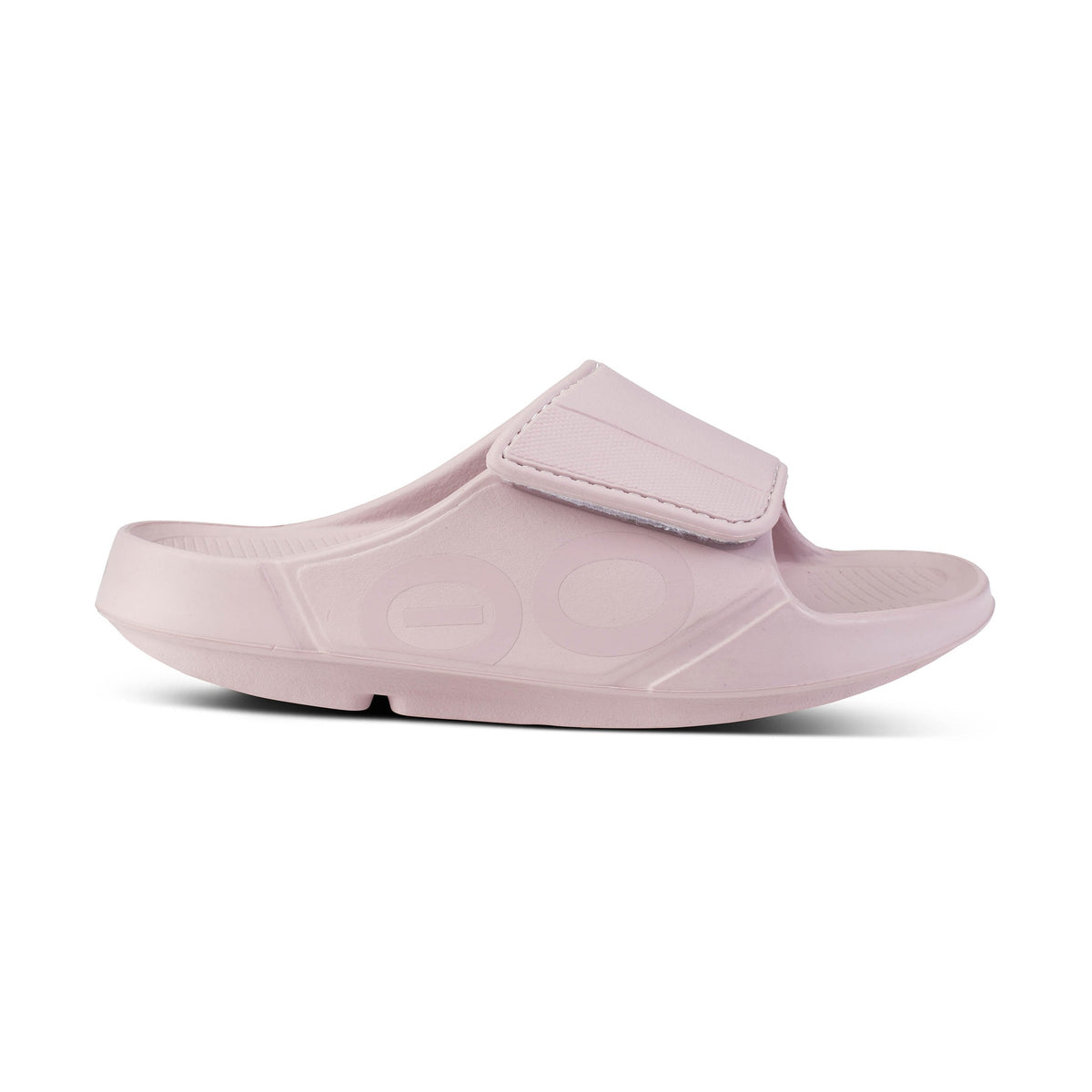 Pink OOfos OOahh Sport Flex sandal with a strap on a white background