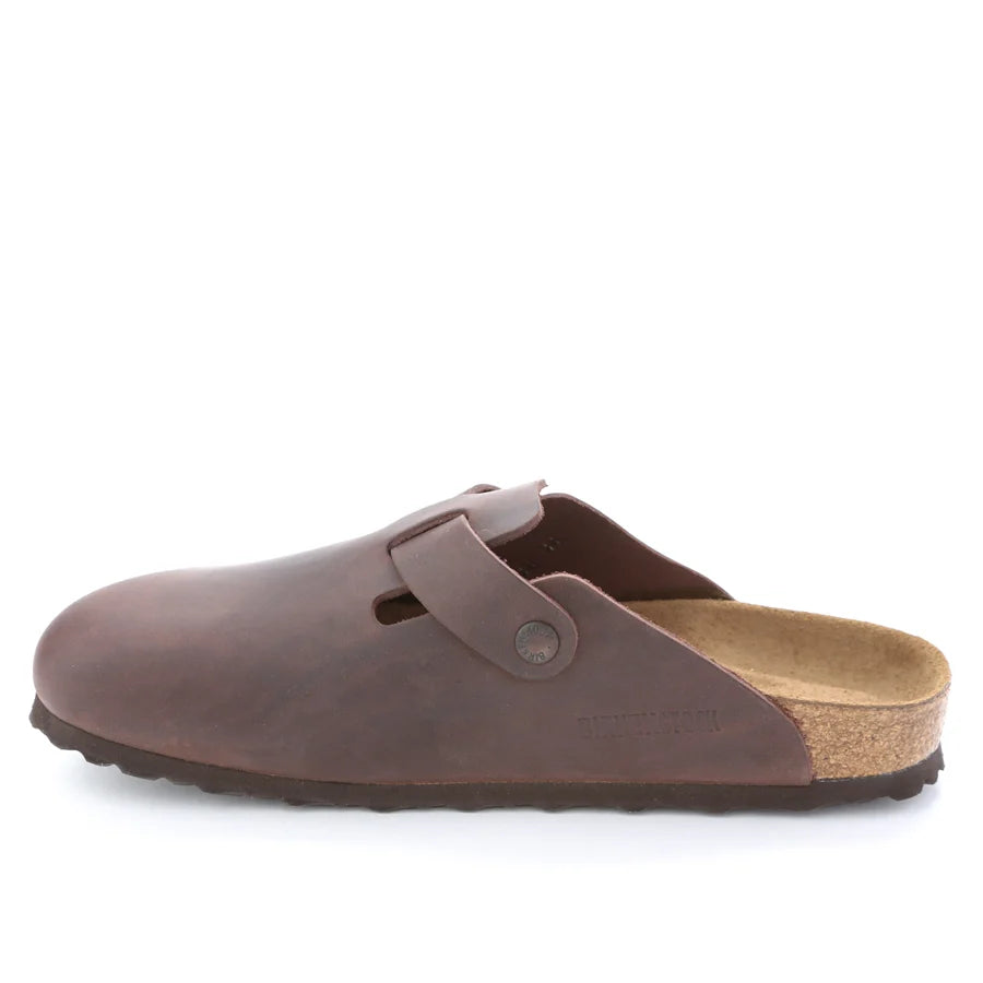 A single brown leather Boston Soft Footbed clog shoe with a strap closure and a cork midsole, shown in profile against a plain white background.
