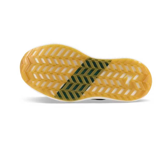 A close-up of a yellow athletic shoe sole showing its textured tread pattern with a dark green accent stripe, set against a plain white background.