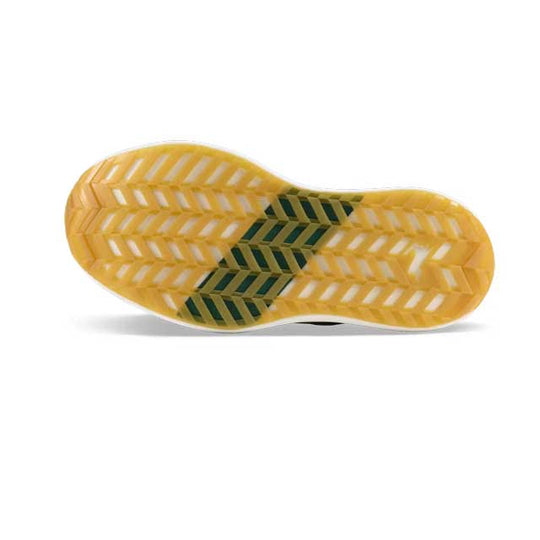 A close-up of a yellow athletic shoe sole showing its textured tread pattern with a dark green accent stripe, set against a plain white background.