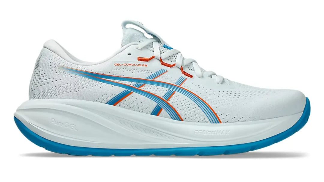White Asics Gel Cumulus 28 running shoe with blue and orange accents on a white background