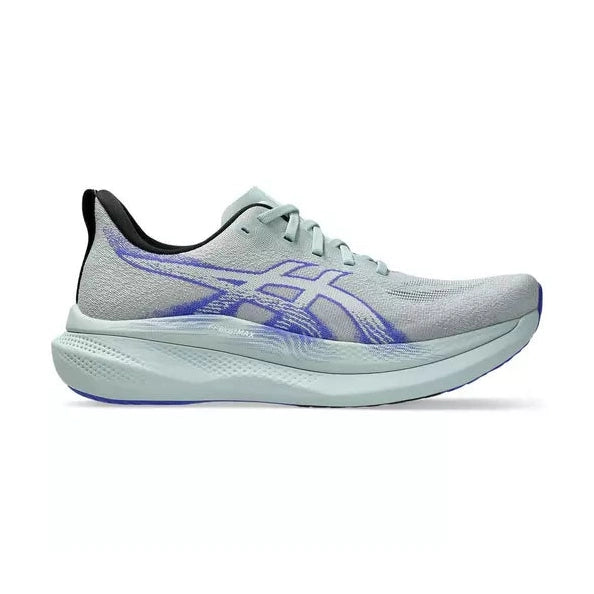 A light gray and white Glideride Max 2 running shoe with purple and blue accents, featuring the Asics logo on the side, shown against a plain white background.