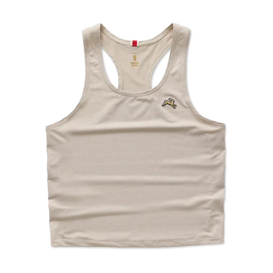 A light beige Twilight Crop Tank – Women's with a small embroidered logo on the left chest, displayed flat against a solid white background.