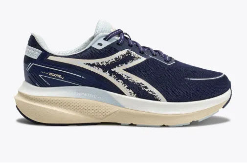 Navy running shoe with white sole on a light gray background