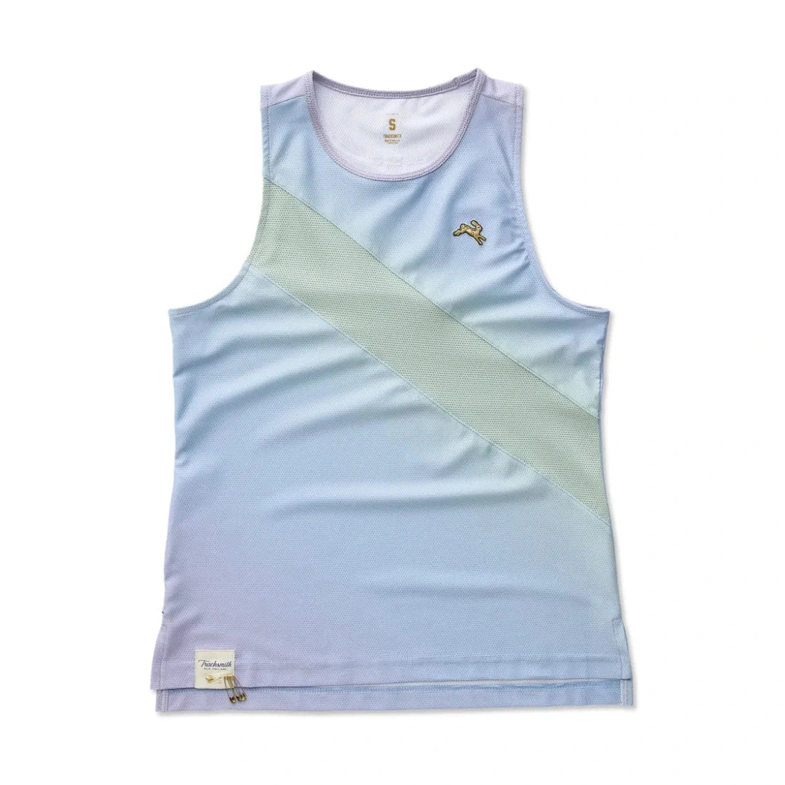 A sleeveless Van Cortlandt Singlet – Women's athletic tank top with a diagonal color-blocked design in light blue and pale green, featuring a small gold embroidered logo on the left chest and a brand tag near the bottom hem.
