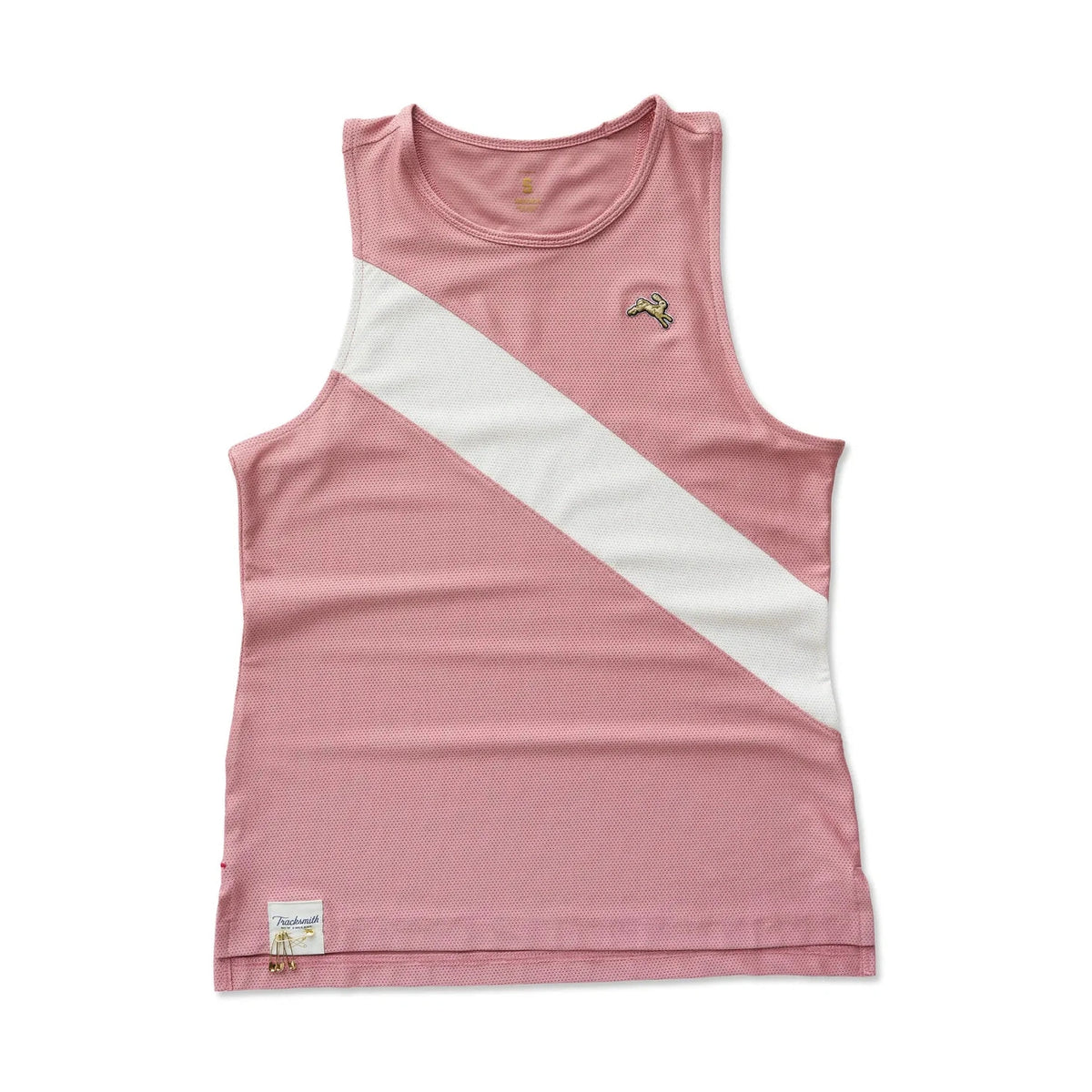 A sleeveless pink Van Cortlandt Singlet – Women's with a diagonal white stripe across the chest, featuring a small embroidered bird on the left chest and a brand label near the bottom hem.