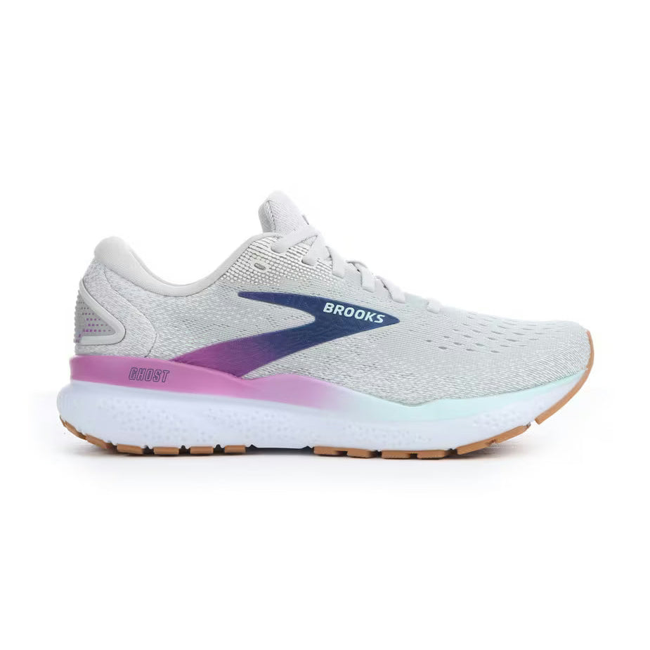 Brooks Ghost 16 – Women's running shoe in light gray with a navy and purple Brooks logo, a pink midsole accent, and a white and light blue Boost cushioning system.