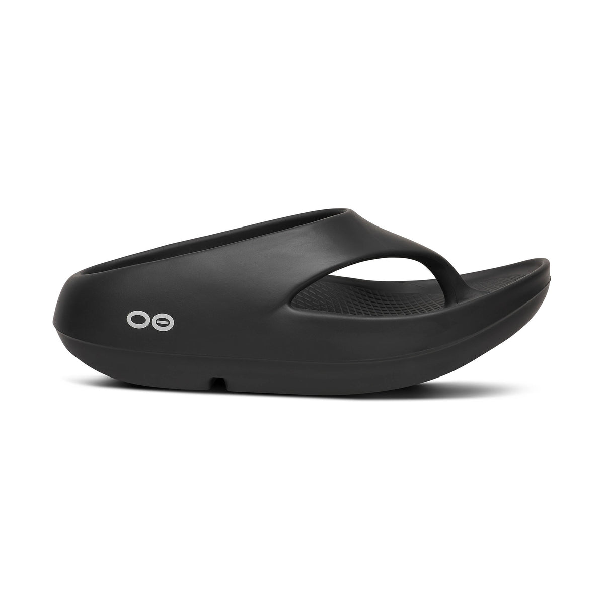Black OOfos OOriginal PLUS sandal with a brand logo on a white background