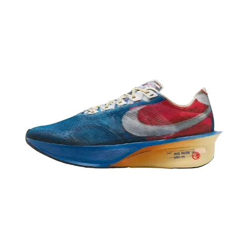 A Nike Vaporfly 4 Premium running shoe featuring a blue and red knit upper, a white Swoosh, and a distinctive gold-colored Boost Max midsole, shown against a plain white background.