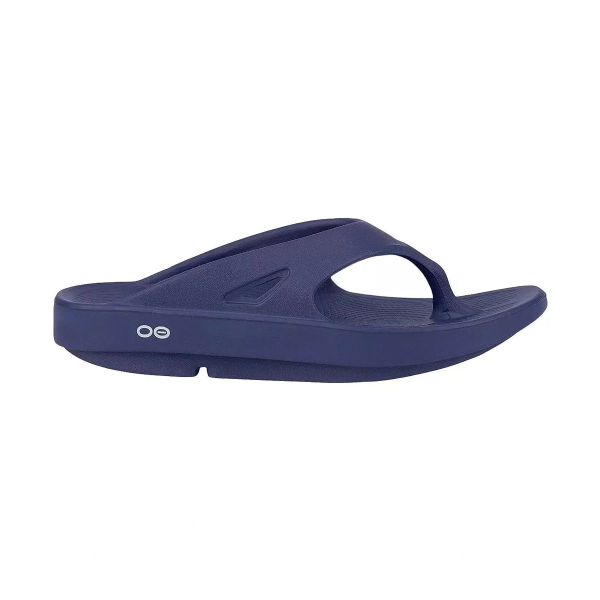 A single navy blue OOfos OOriginal foam slide sandal with a white 'oo' logo on the side, shown against a plain white background.