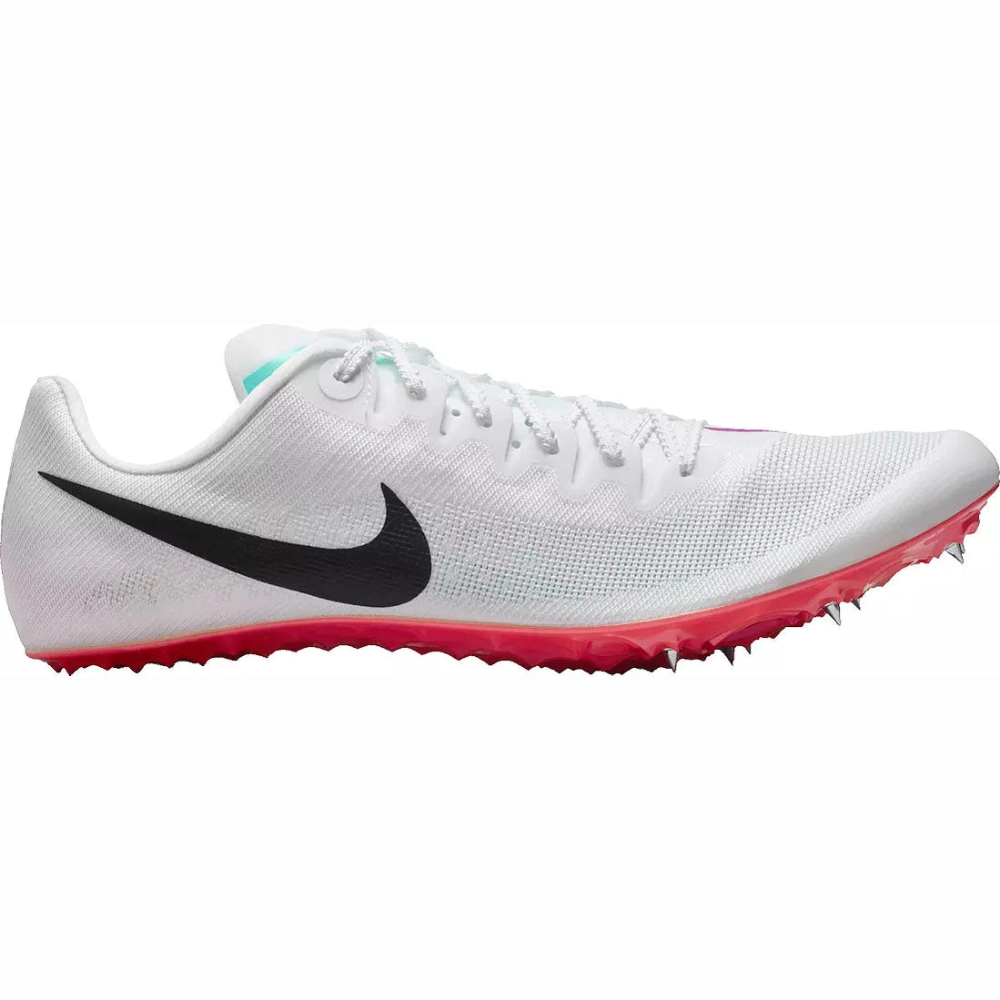 A white Nike Zoom Ja Fly 4 – Men's running shoe with a black Swoosh logo, white laces, and a bright pink spike sole, shown against a plain white background.