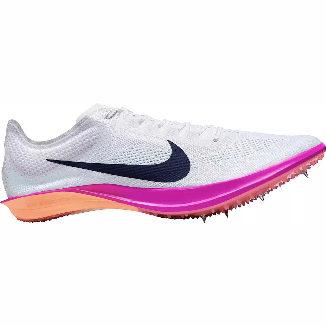 A Nike Zoomx Dragonfly – Men's track shoe in white mesh with a navy swoosh, a bright pink midsole, and an orange outsole with track spikes.