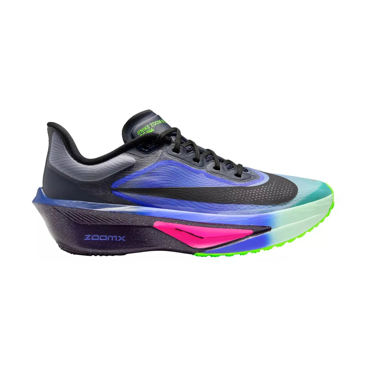 A Nike Zoom Fly 6 Glam – Men's running shoe with a black and gray upper, blue and purple gradient overlays, a pink accent on the midsole, and a translucent sole with blue, green, and neon yellow details. The shoe is shown from a three-quarters angle on a white background.