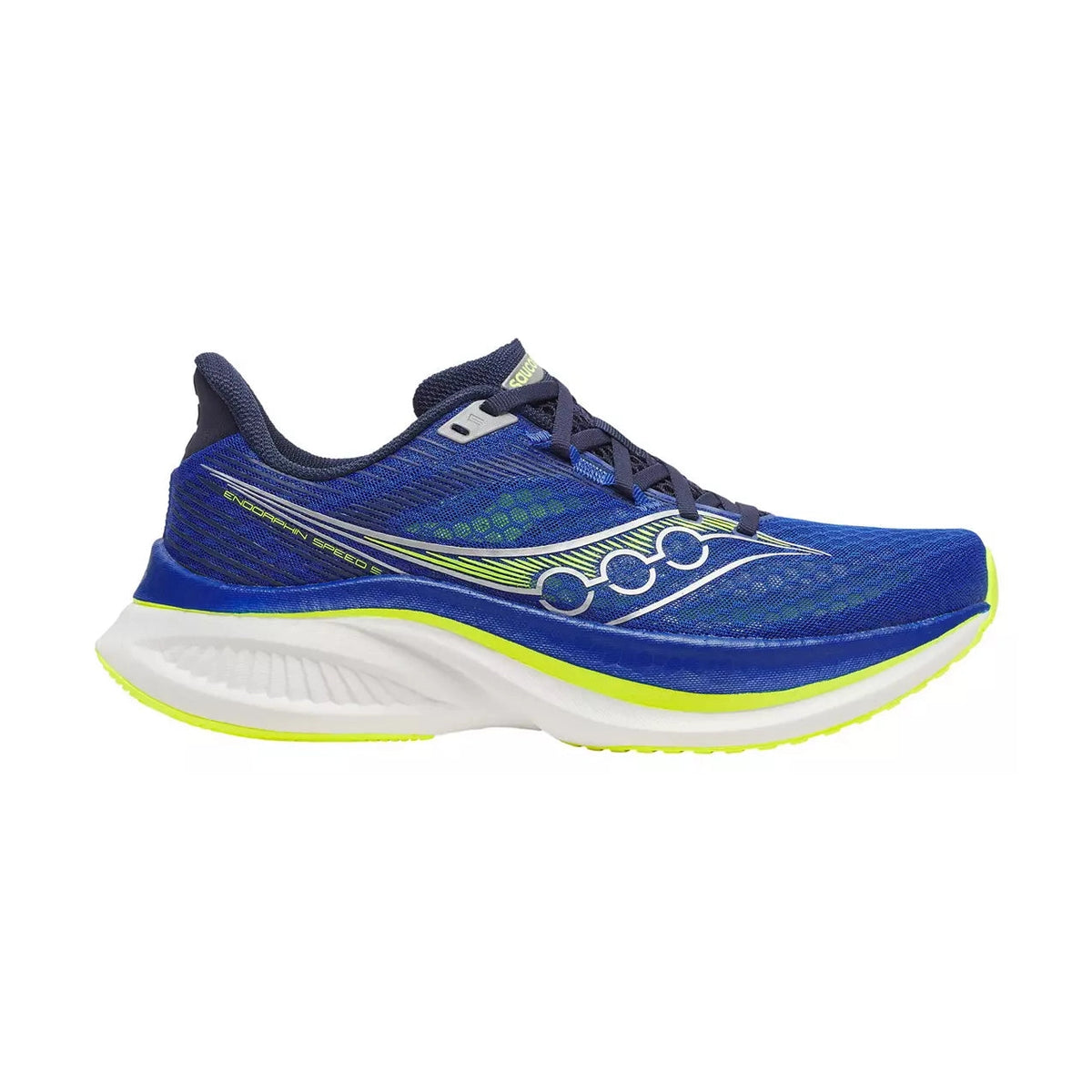 A Saucony Endorphin Speed 5 – Men's running shoe in blue with neon yellow-green accents and a white midsole, shown from a side profile on a white background.