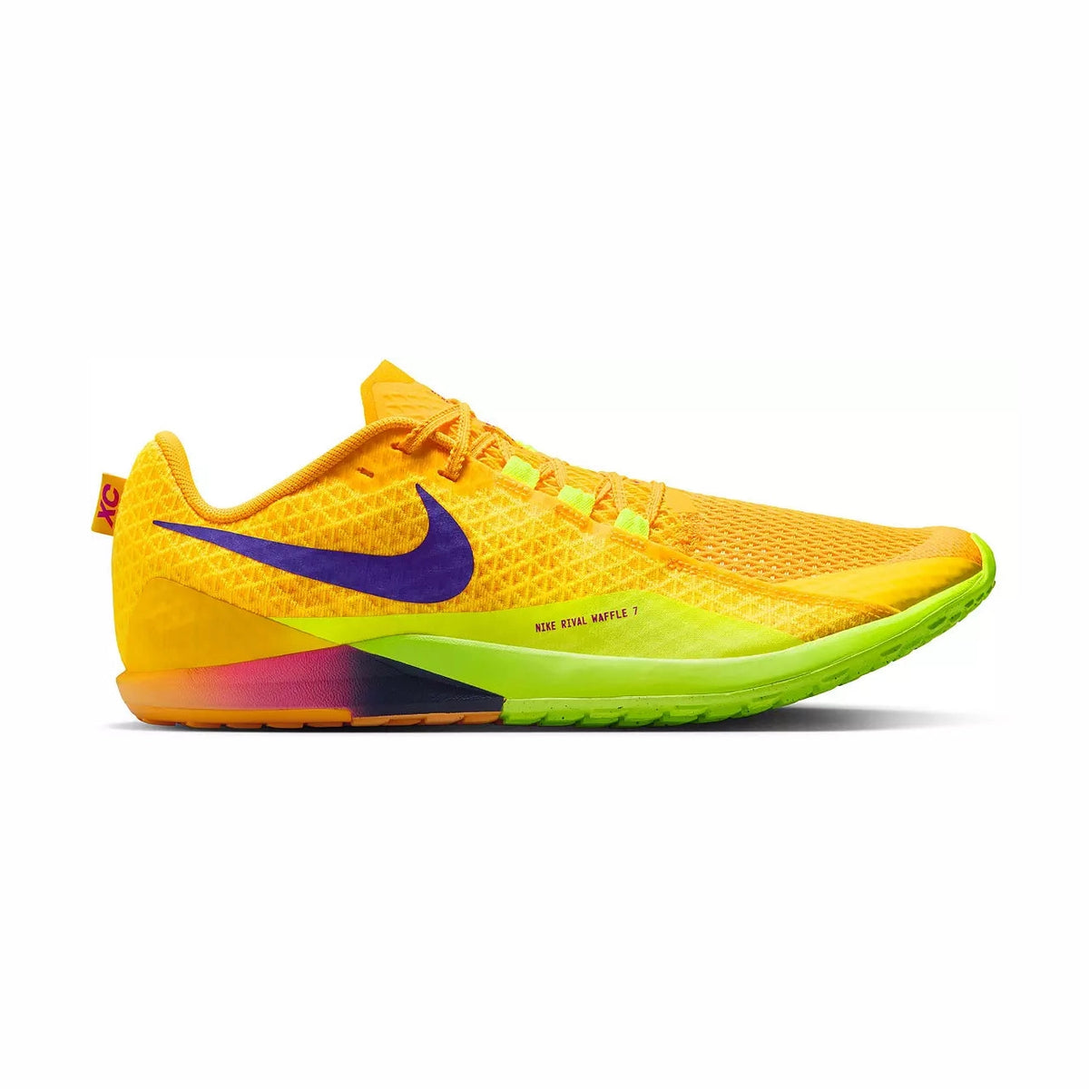 A Nike Zoom Rival Waffle 7 – Men's running shoe in a vibrant yellow and neon green colorway, featuring a purple Swoosh logo and a multicolor gradient midsole.